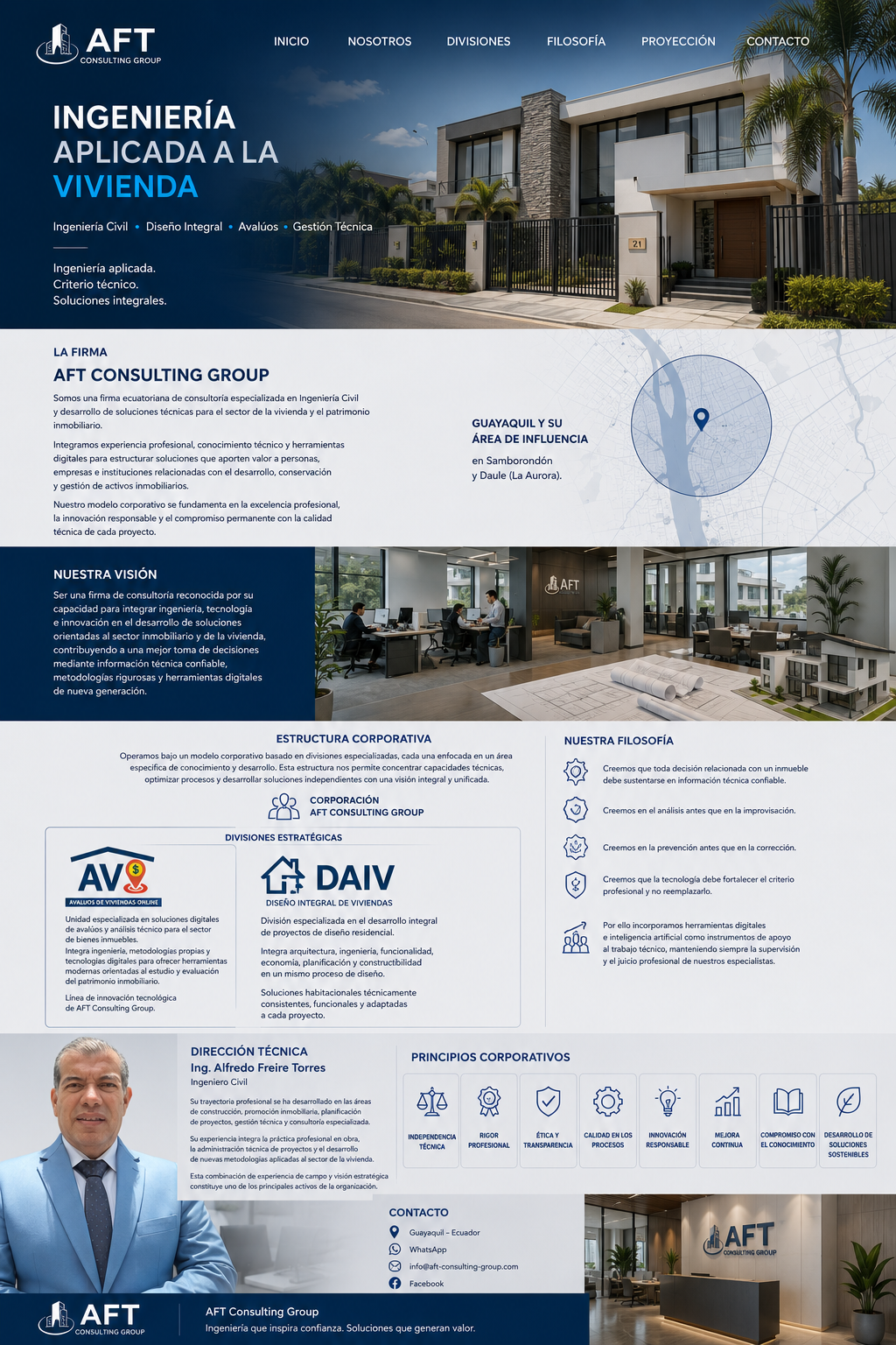 Infografía institucional de AFT Consulting Group S.A.S. sobre ingeniería aplicada a la vivienda en Ecuador.